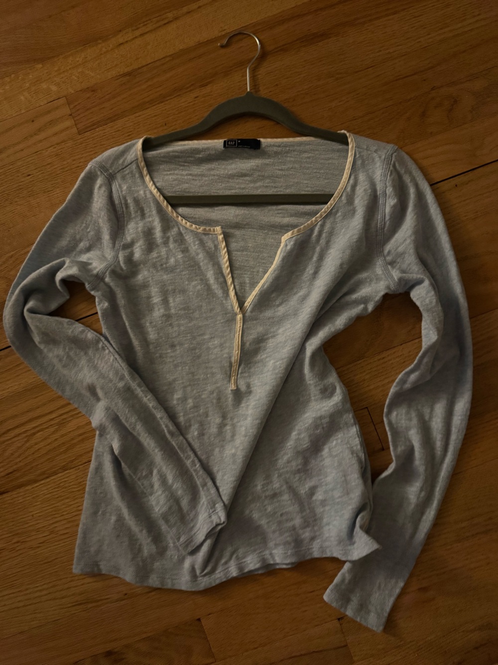 GAP Light Gray Long-Sleeve Henley with Cream Trim